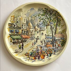 Vintage Daher Decorated Ware French Marketplace City Large Round Tin Tray 16”